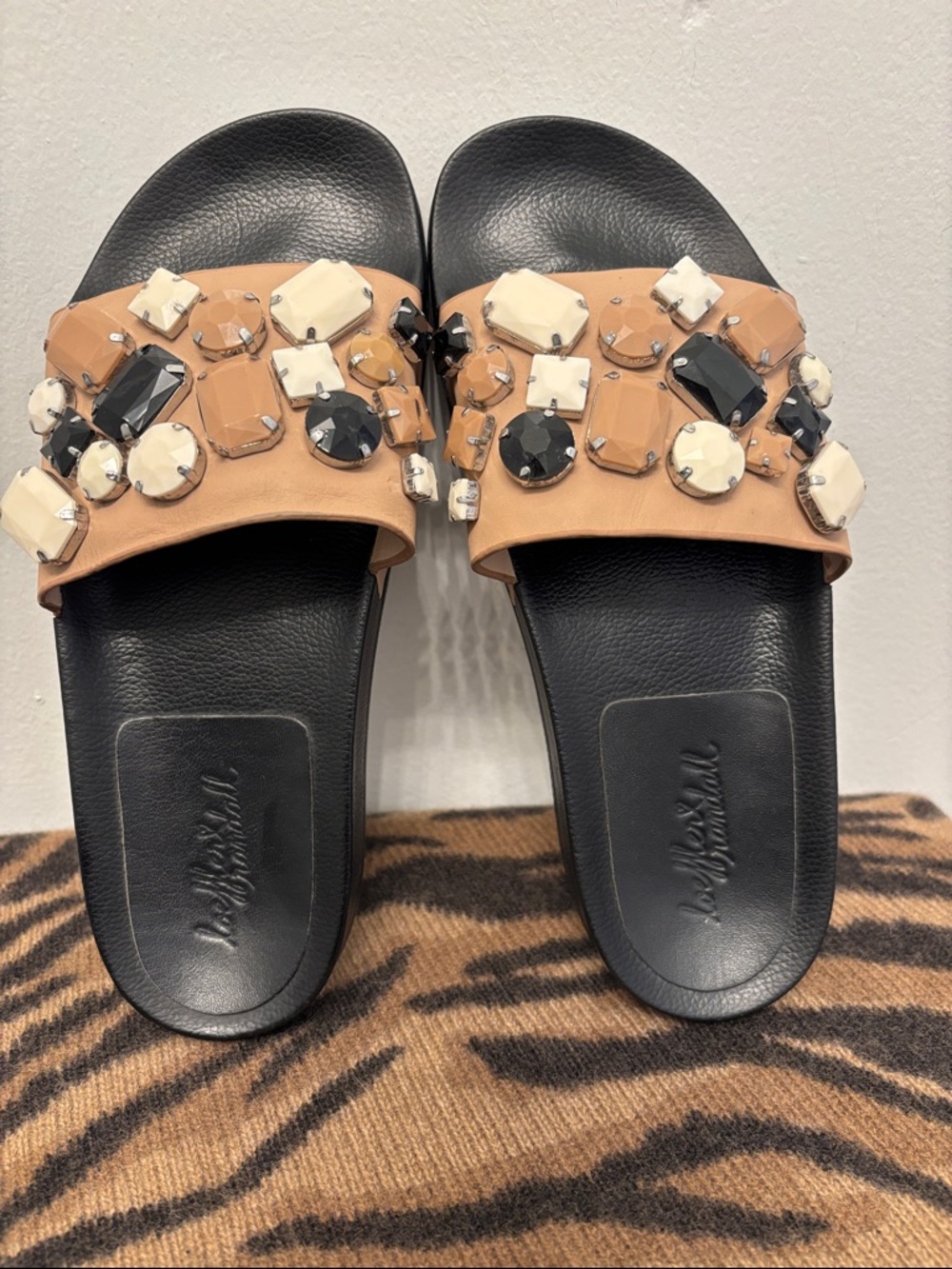 Loeffler Randall Tan and Black Jeweled Slide Sandals